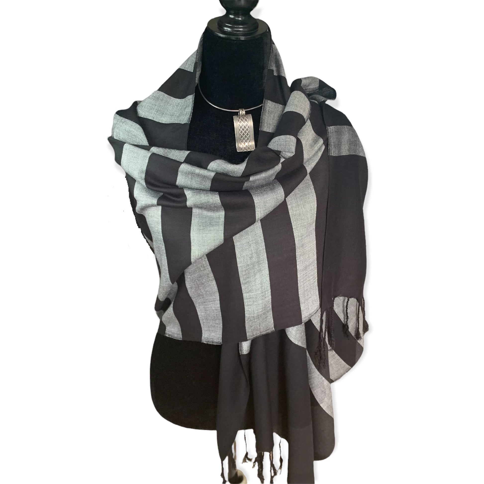 Horizontally Striped Handwoven Scarf - Black & Gray