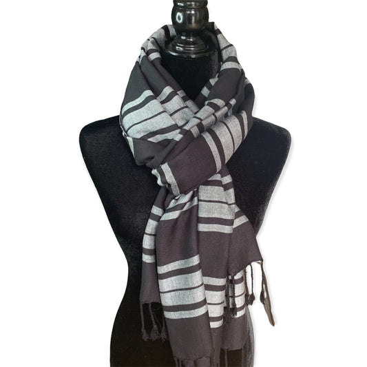 Horizontally Striped Handwoven Scarf - Gray & Black