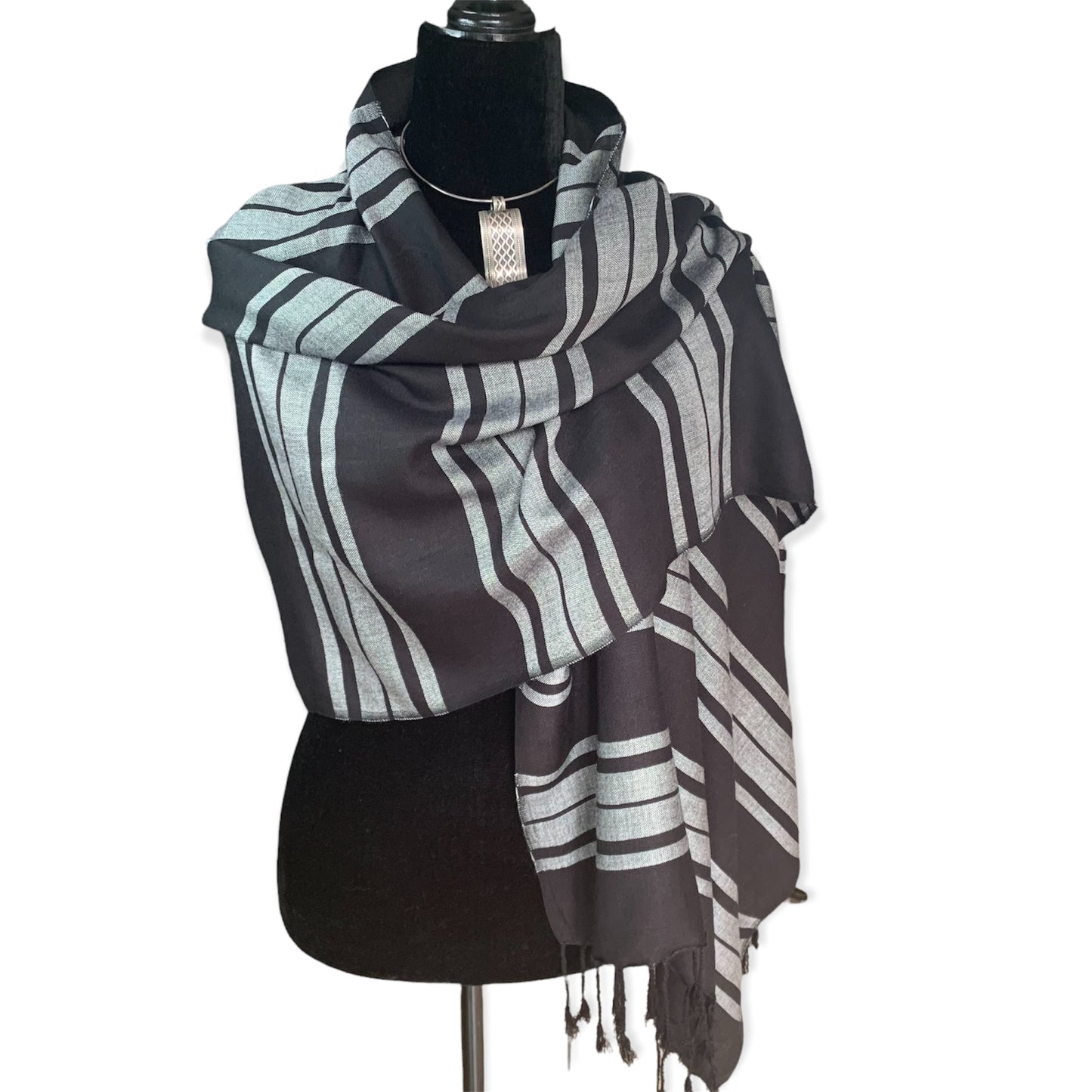 Horizontally Striped Handwoven Scarf - Gray & Black