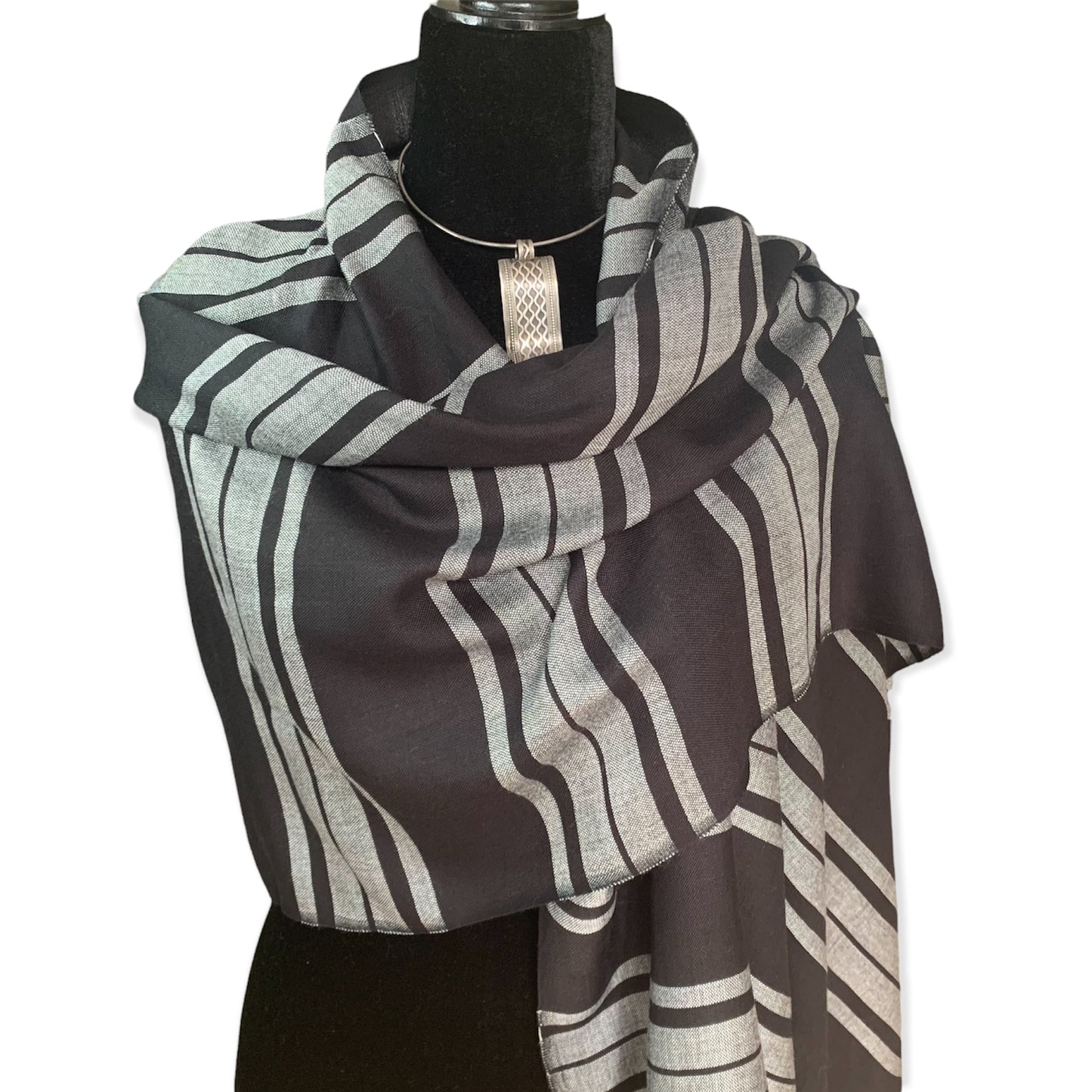 Horizontally Striped Handwoven Scarf - Gray & Black