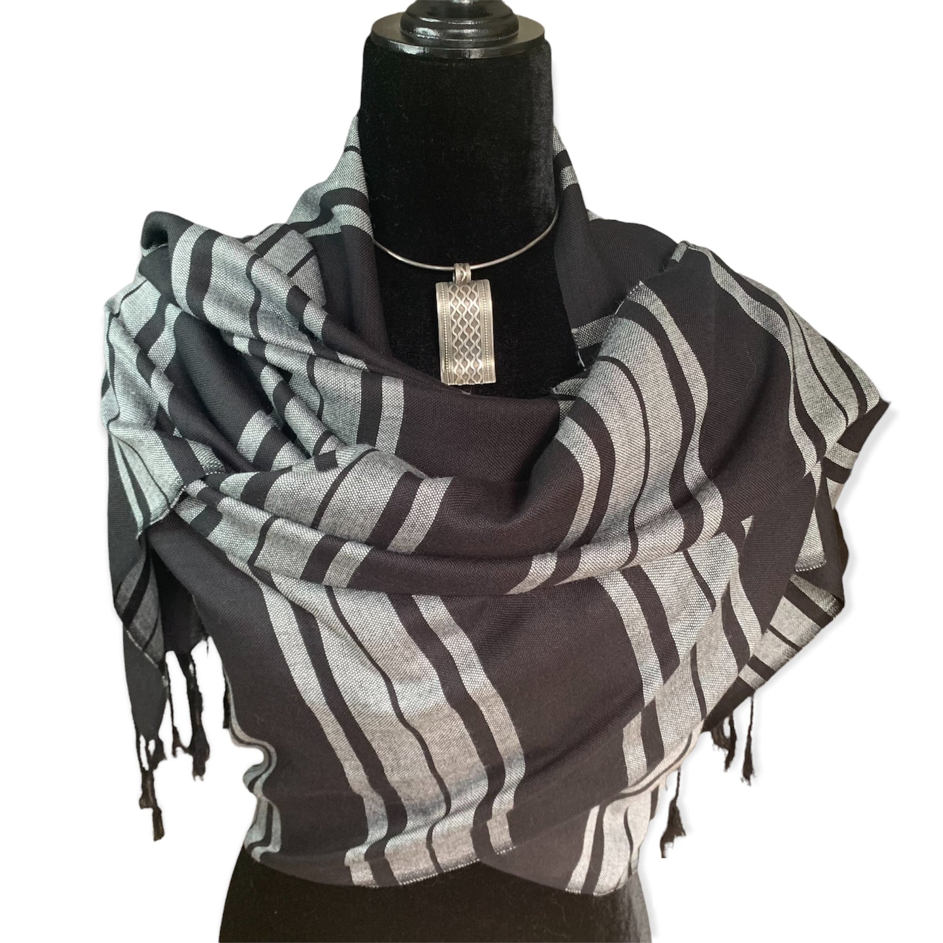 Horizontally Striped Handwoven Scarf - Gray & Black
