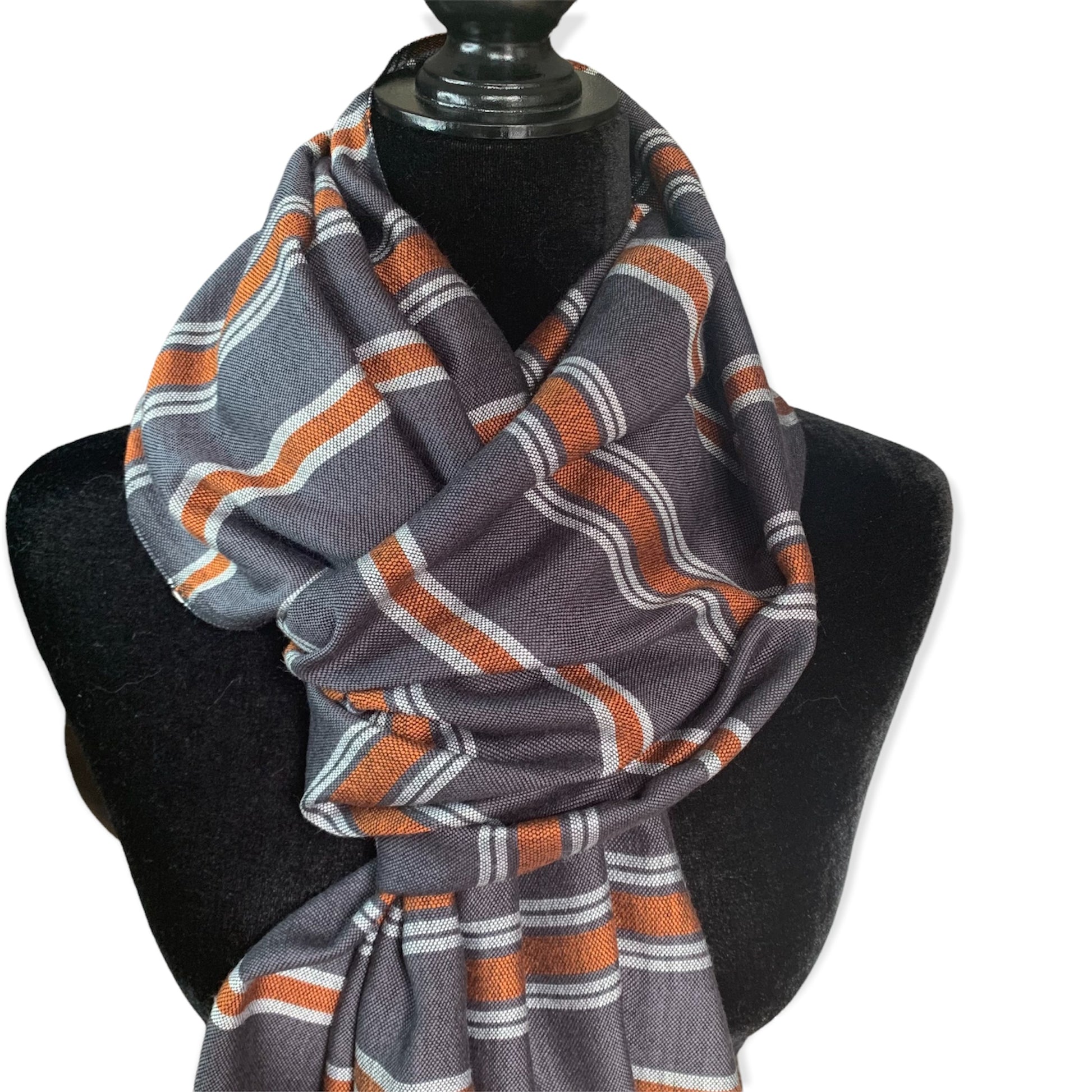 Horizontally Striped Handwoven Scarf - Gray & Copper
