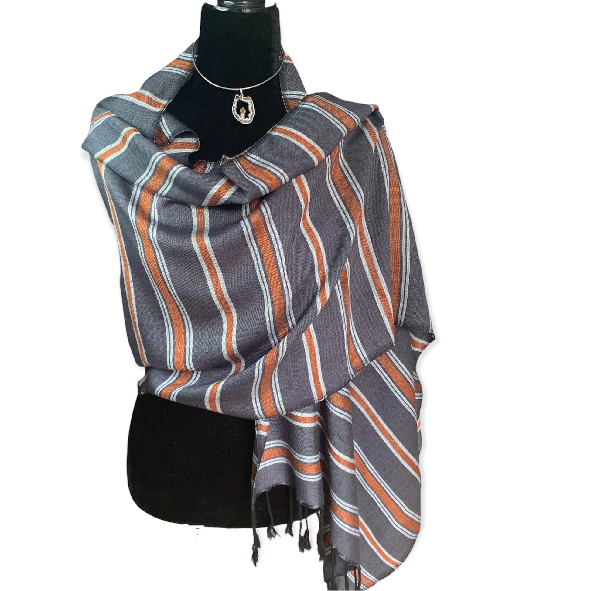 Horizontally Striped Handwoven Scarf - Gray & Copper