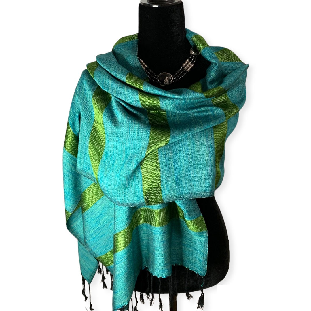 Helyat Handwoven Bamboo Viscose Scarf - Variegated Teal & Olive