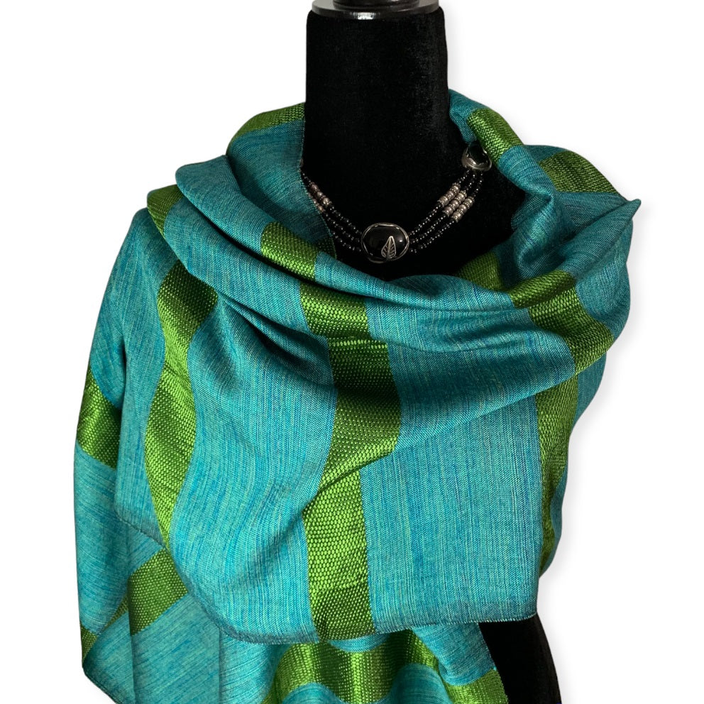 Helyat Handwoven Bamboo Viscose Scarf - Variegated Teal & Olive