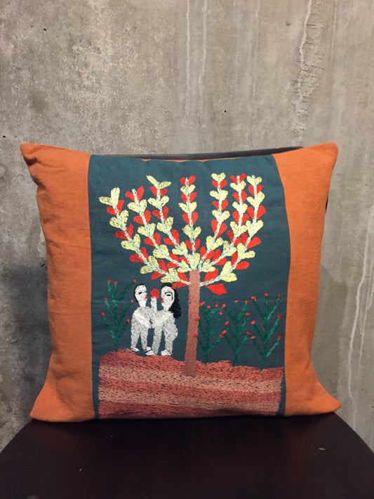 Handwoven Egyptian Cotton Cushion Cover - Hand Embroidered Art - Adam & Eve