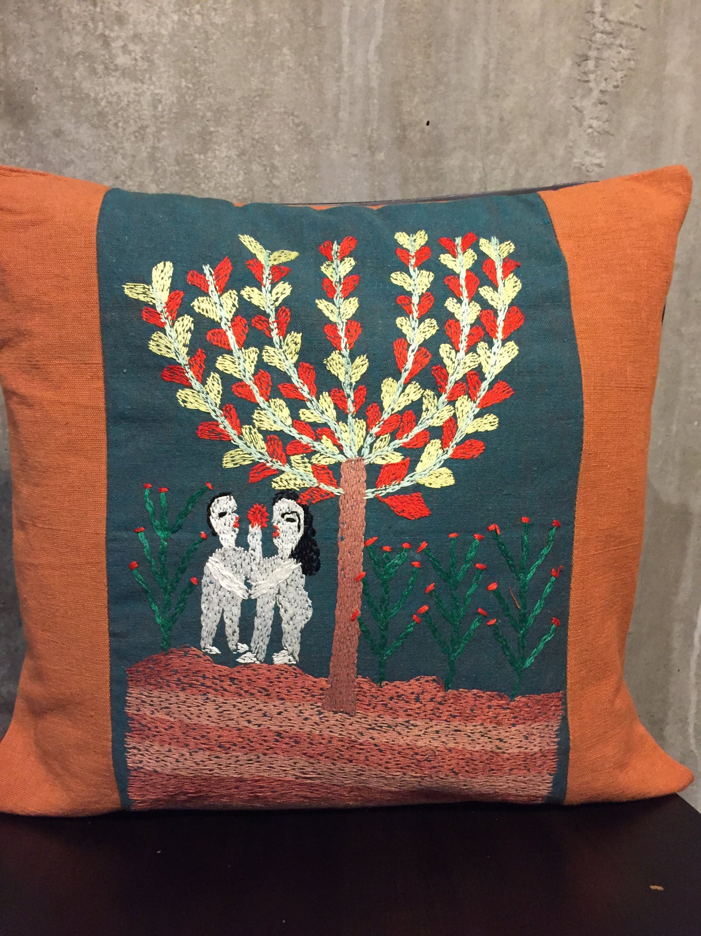 Handwoven Egyptian Cotton Cushion Cover - Hand Embroidered Art - Adam & Eve