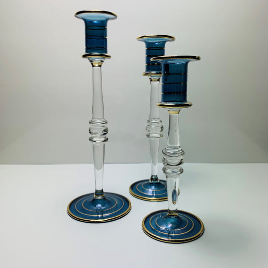 Long Stem Blown Glass Candle Holder - Blue