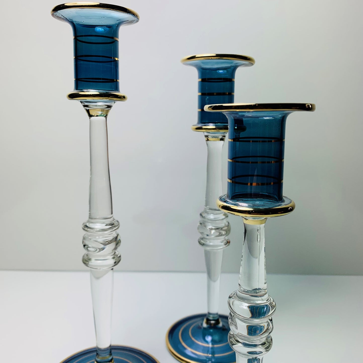 Long Stem Blown Glass Candle Holder - Blue