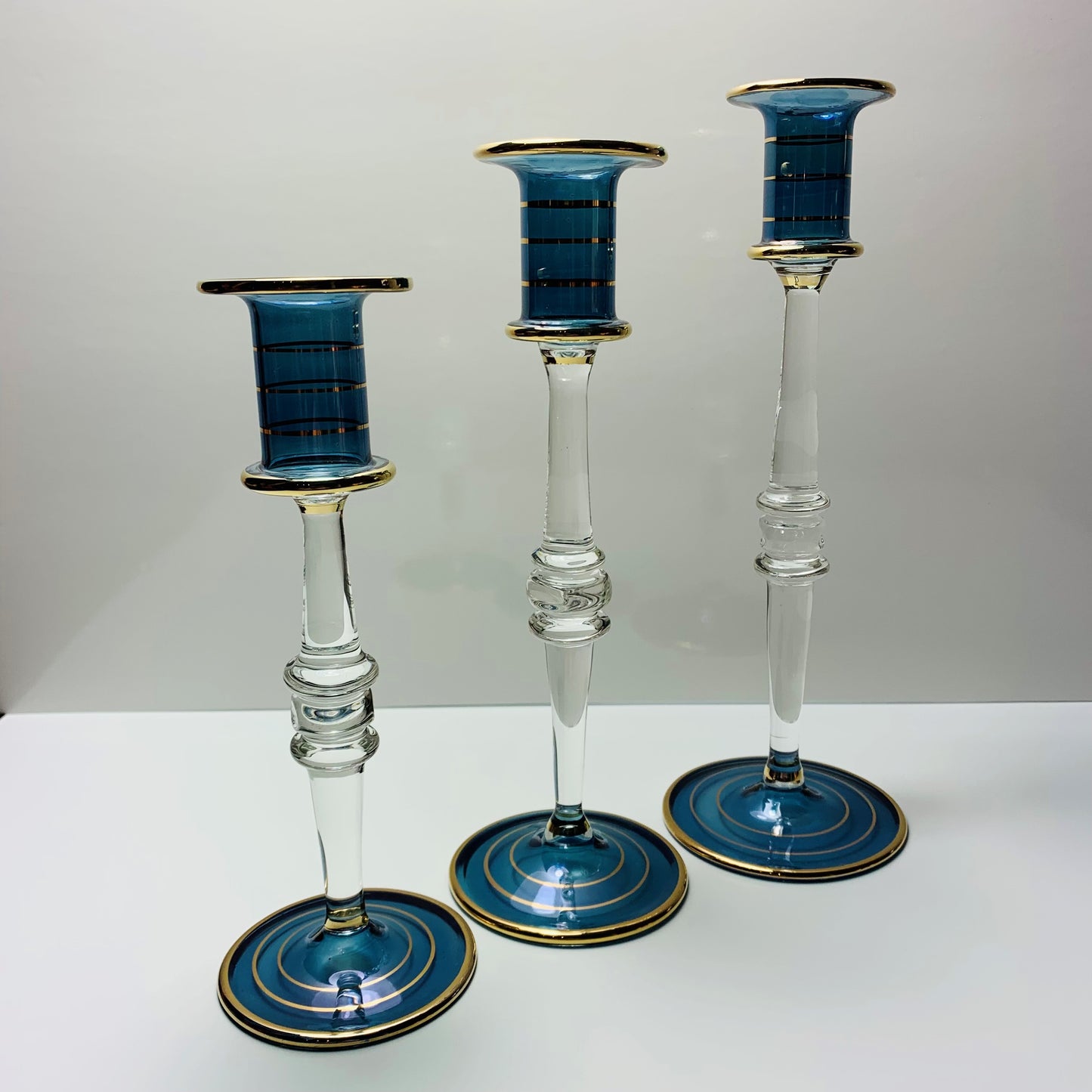 Long Stem Blown Glass Candle Holder - Blue
