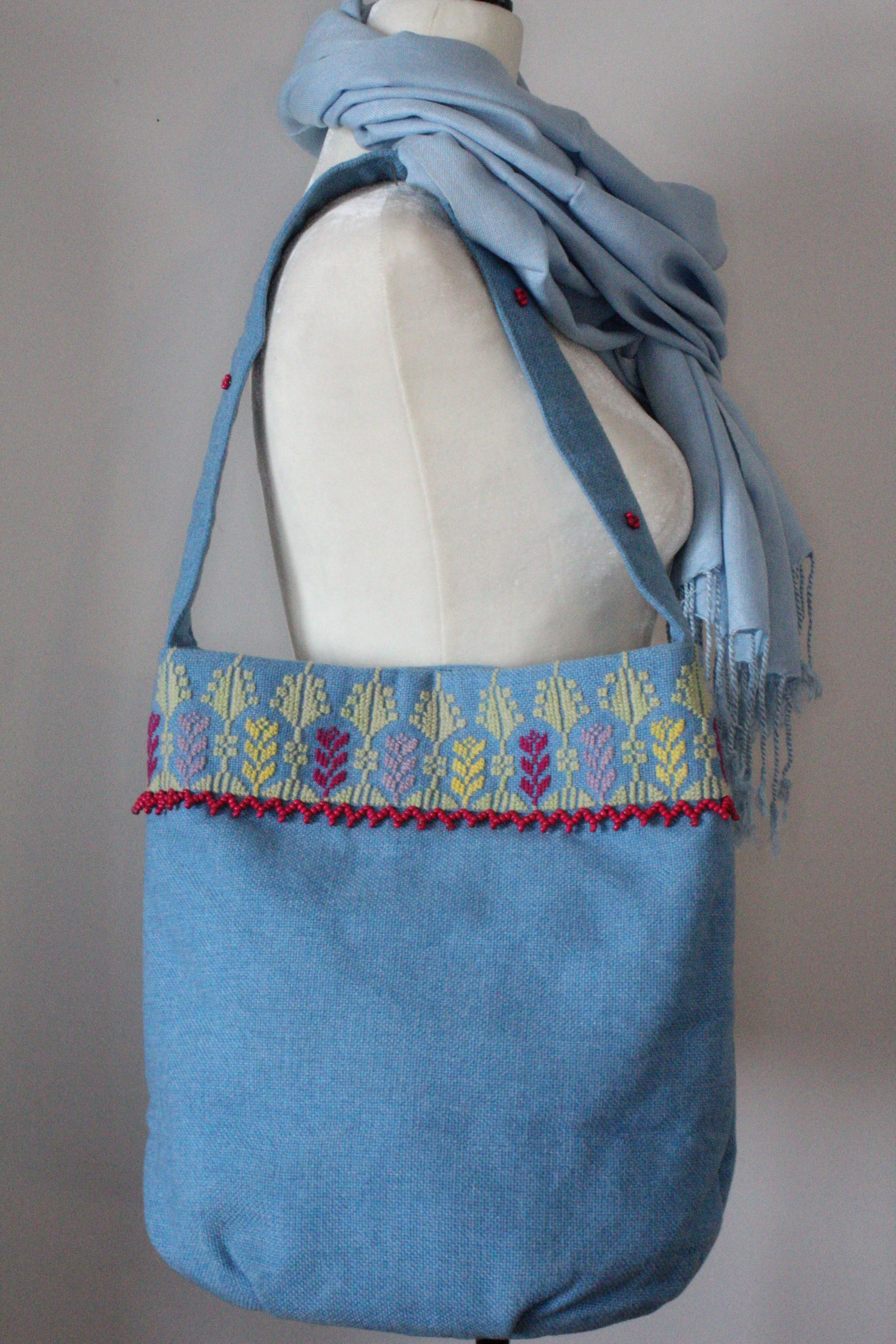 Kholoud Handcrafted Shoulder Bag with Arish Stitching - Light Blue