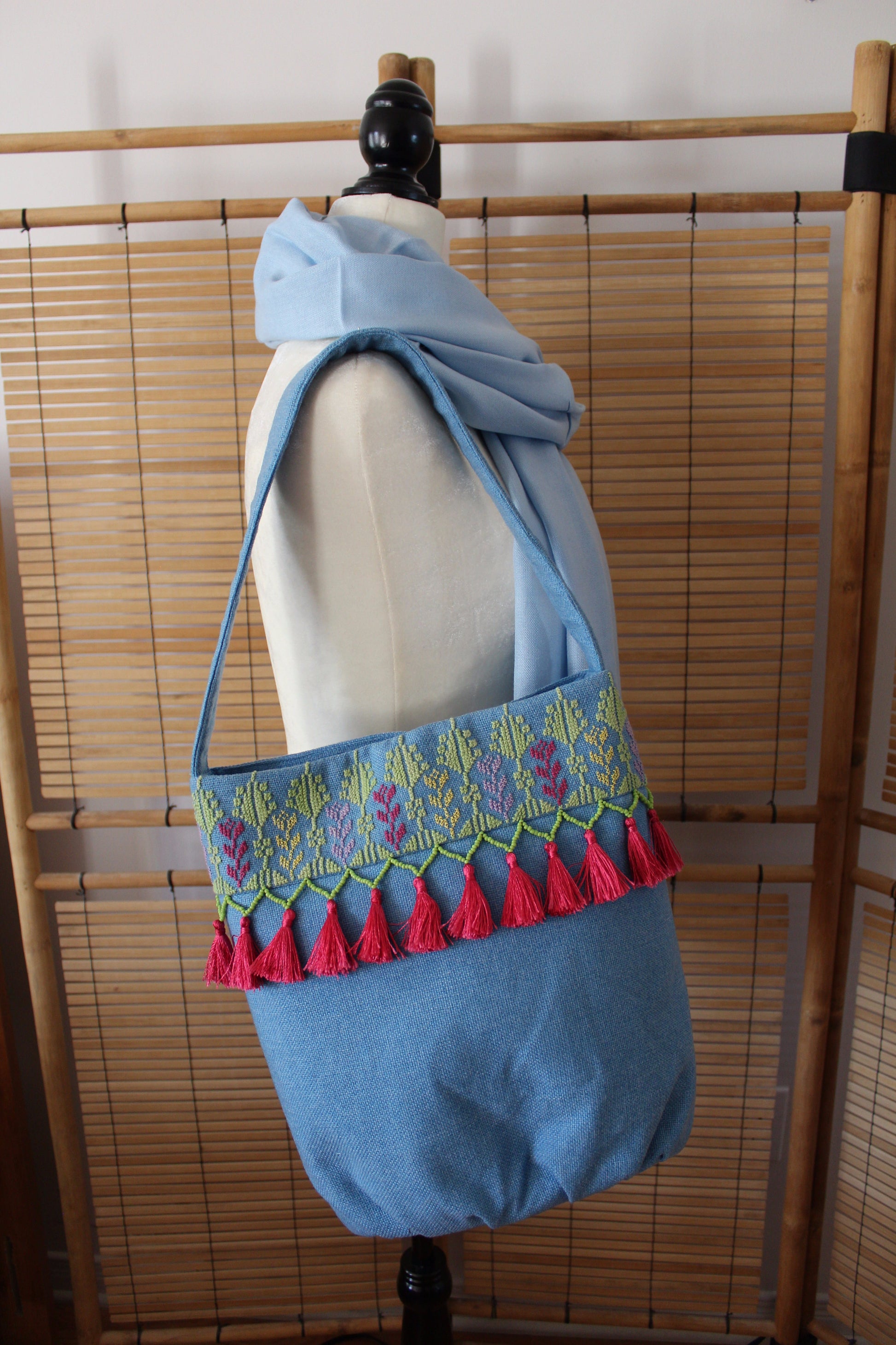 Kholoud Handcrafted Shoulder Bag with Arish Stitching - Light Blue