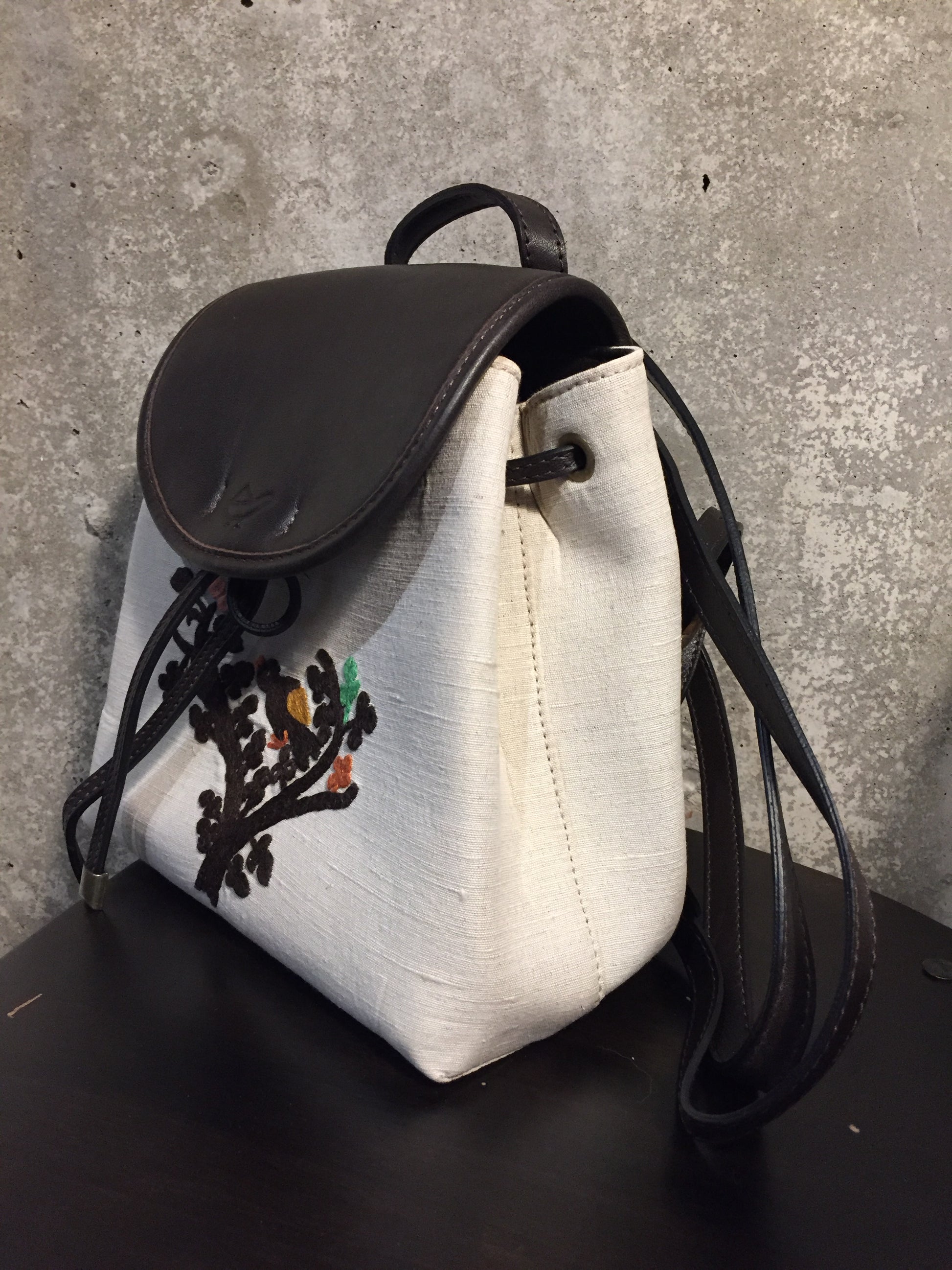 Linen Backpack with Hand Embroidered Tree of Life - Dandarah