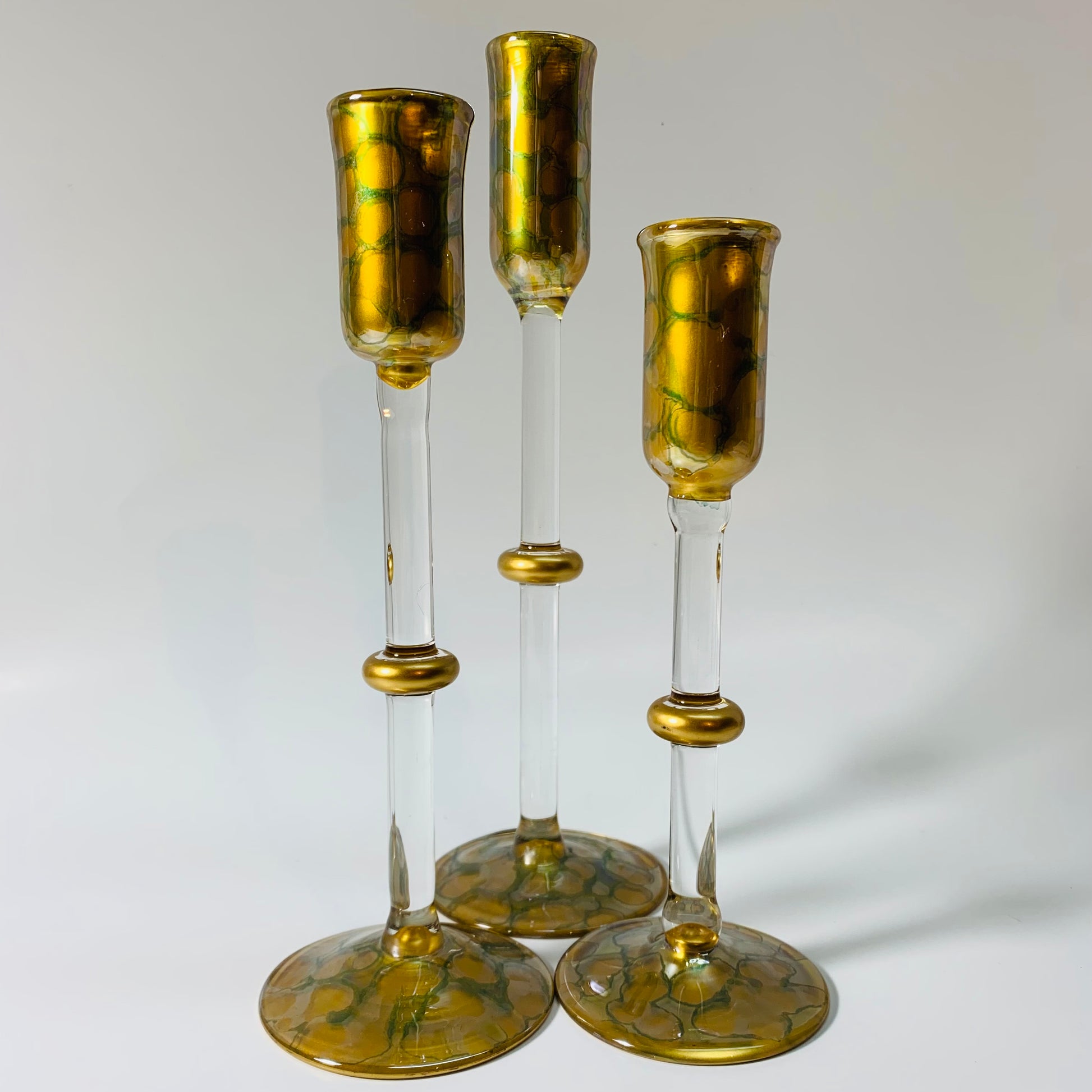 Long Stem Blown Glass Candle Holder - Tulip Gold & Green