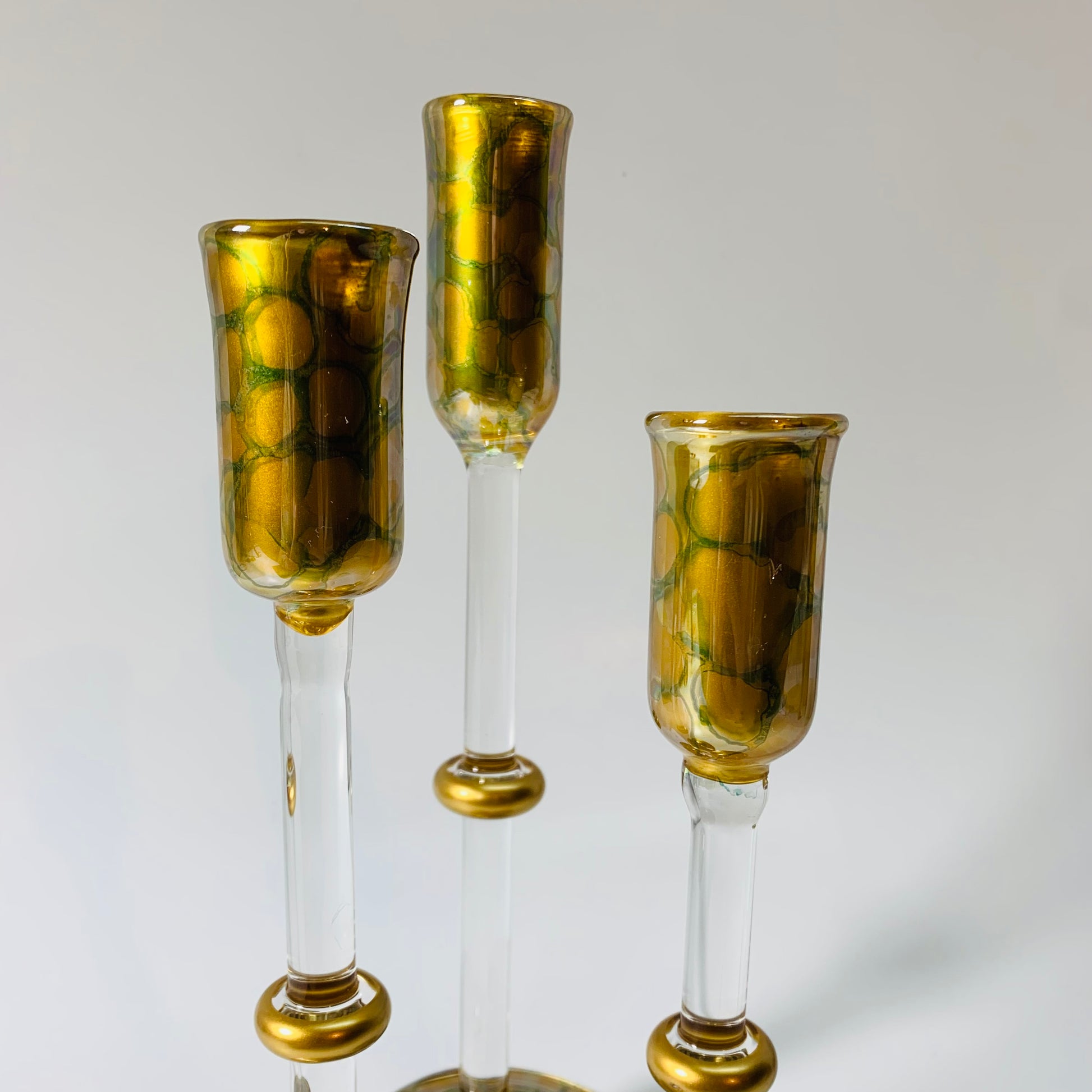 Long Stem Blown Glass Candle Holder - Tulip Gold & Green