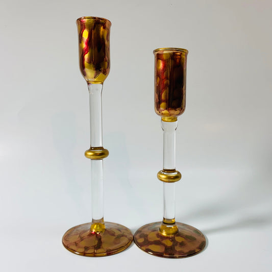 Long Stem Blown Glass Candle Holder - Tulip Gold & Red