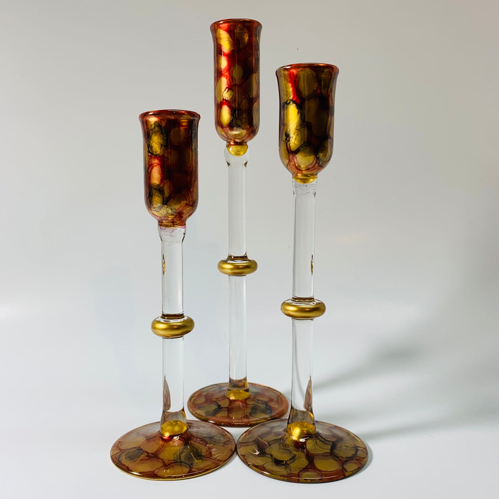 Long Stem Blown Glass Candle Holder - Tulip Gold, Red & Green