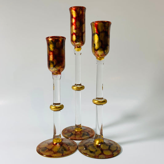 Long Stem Blown Glass Candle Holder - Tulip Gold, Red & Green