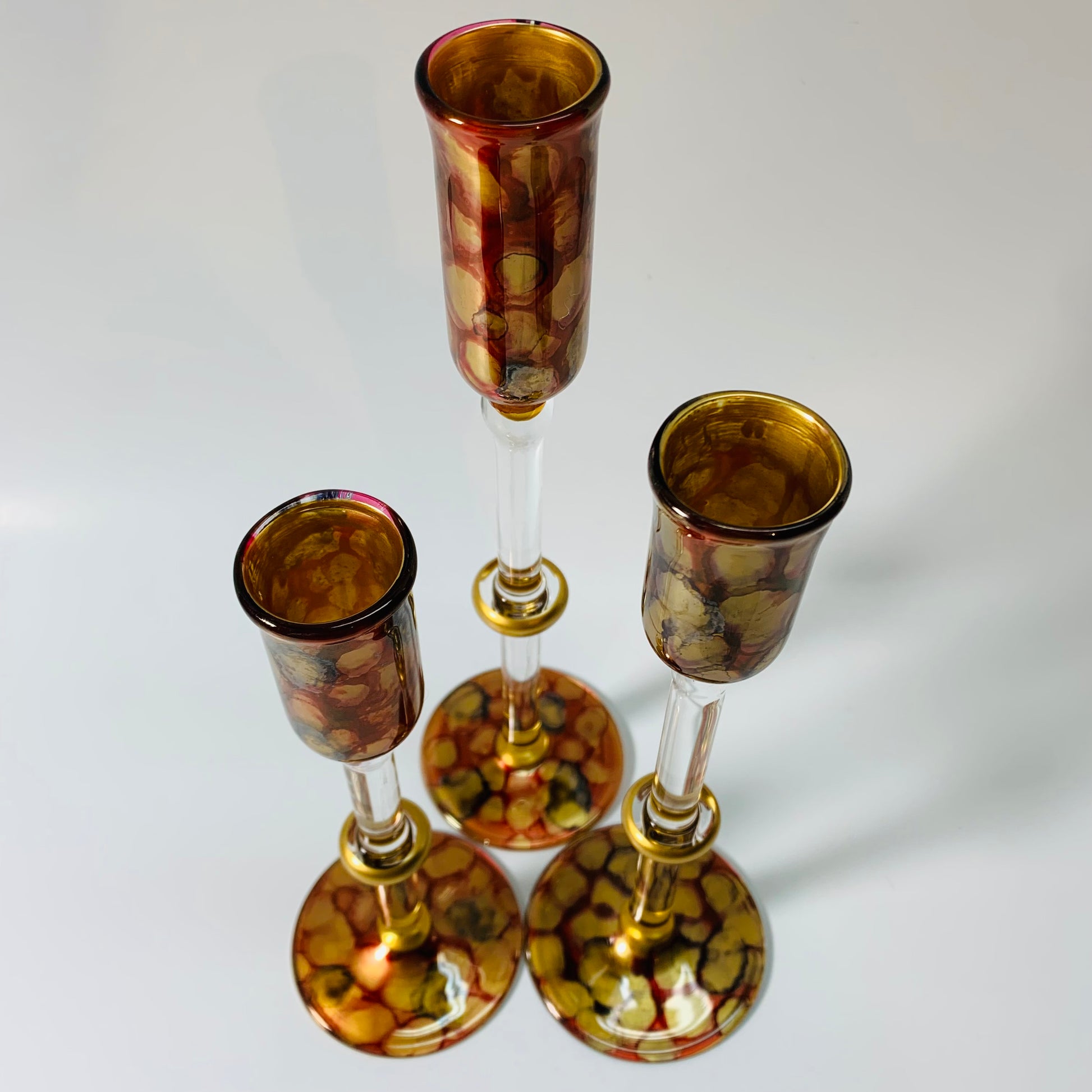 Long Stem Blown Glass Candle Holder - Tulip Gold, Red & Green