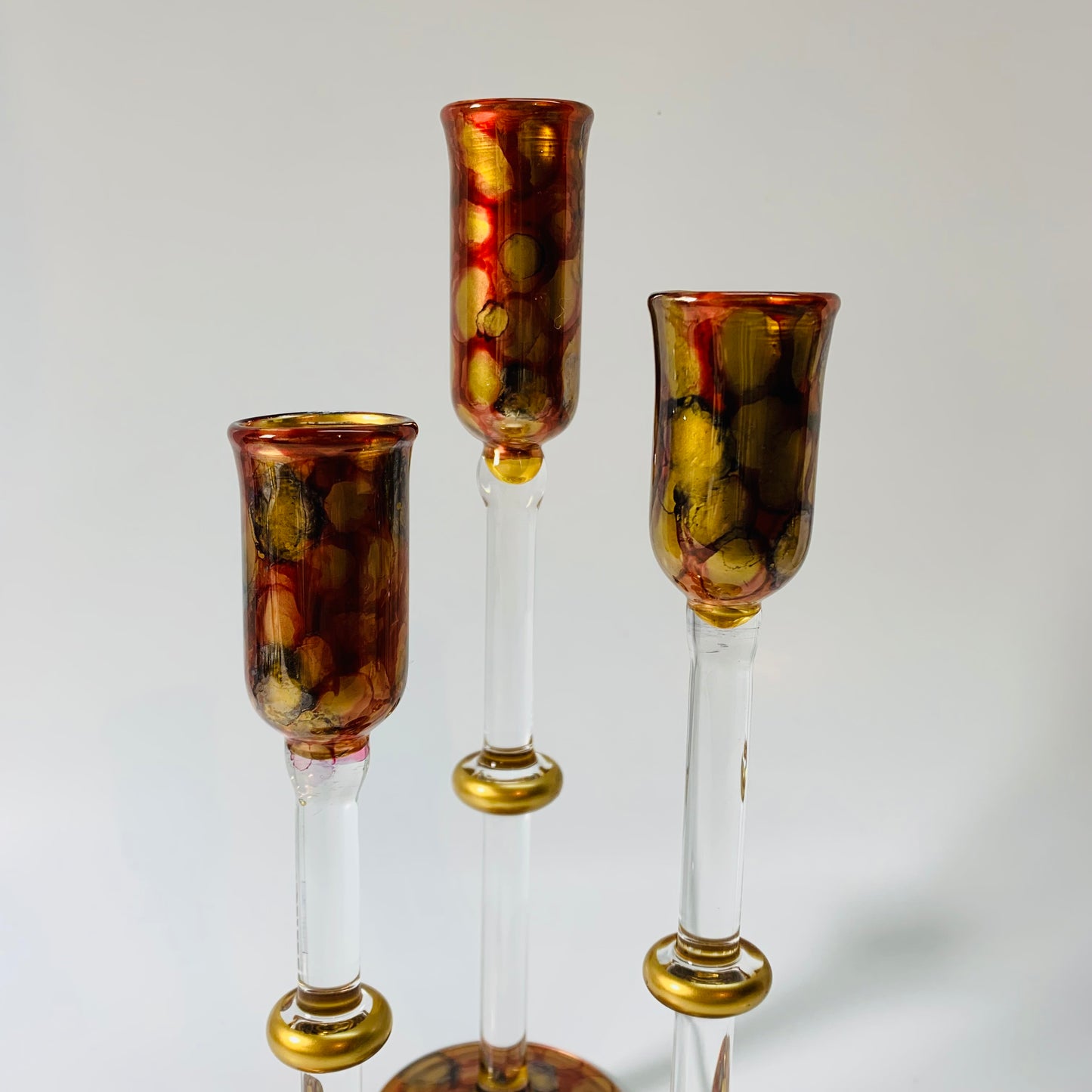 Long Stem Blown Glass Candle Holder - Tulip Gold, Red & Green