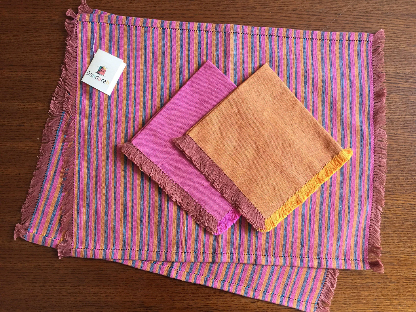 Handwoven Placemats & Napkins - Apricot & Fuchsia