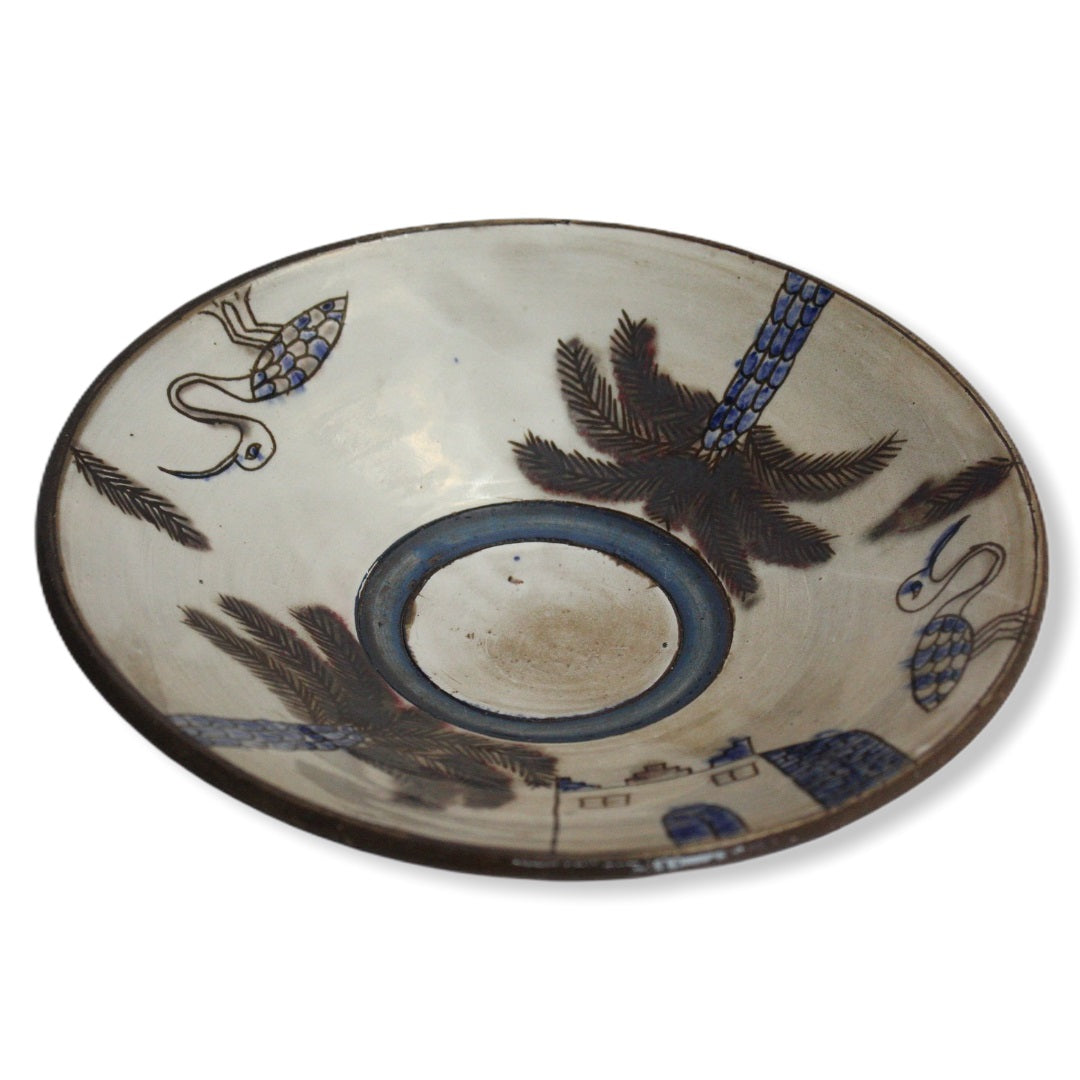 Pottery Round Plate - Palm Tree & Egret