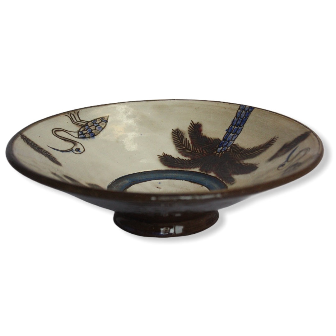 Pottery Round Plate - Palm Tree & Egret