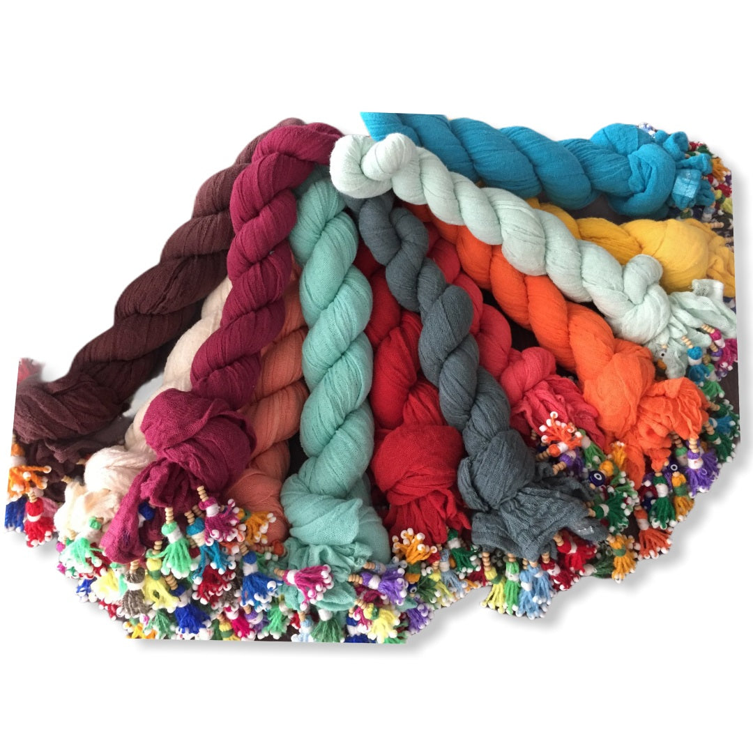 Shash Scarf with Colourful Hand Rolled Tassels