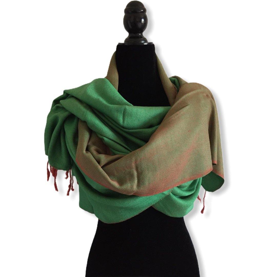 Double-faced Diagonal Shawl - Green & Salmon