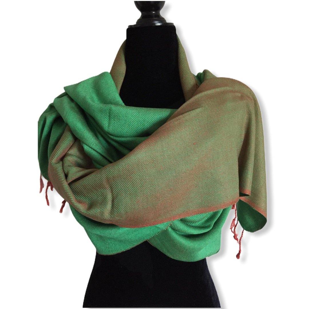 Double-faced Diagonal Shawl - Green & Salmon