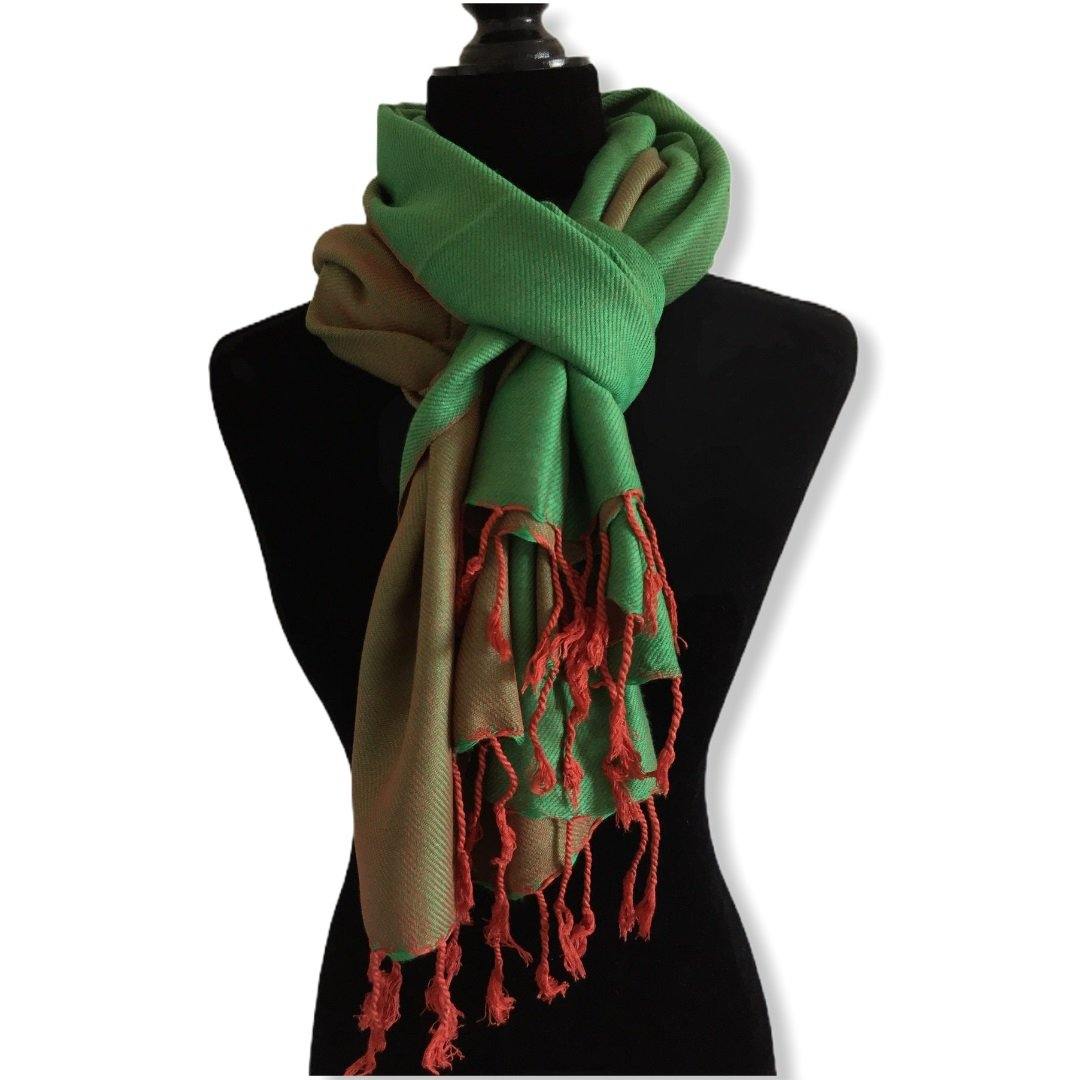 Double-faced Diagonal Shawl - Green & Salmon