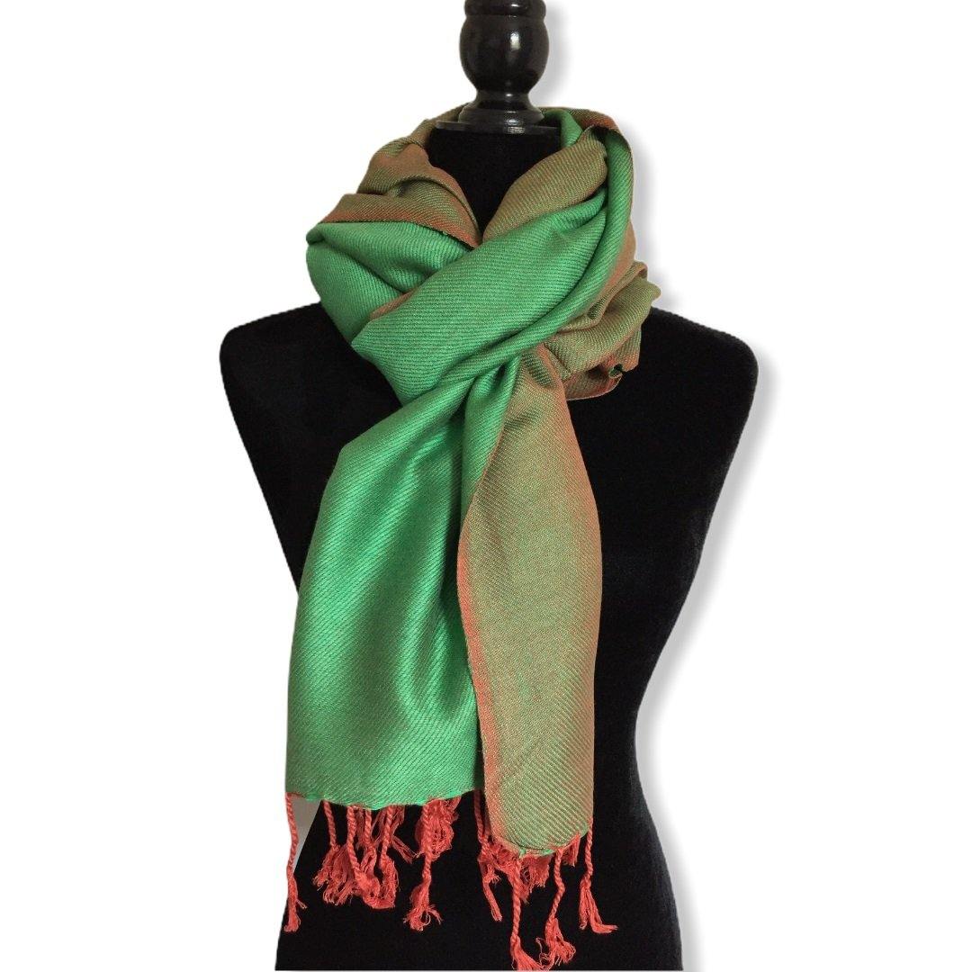 Double-faced Diagonal Shawl - Green & Salmon