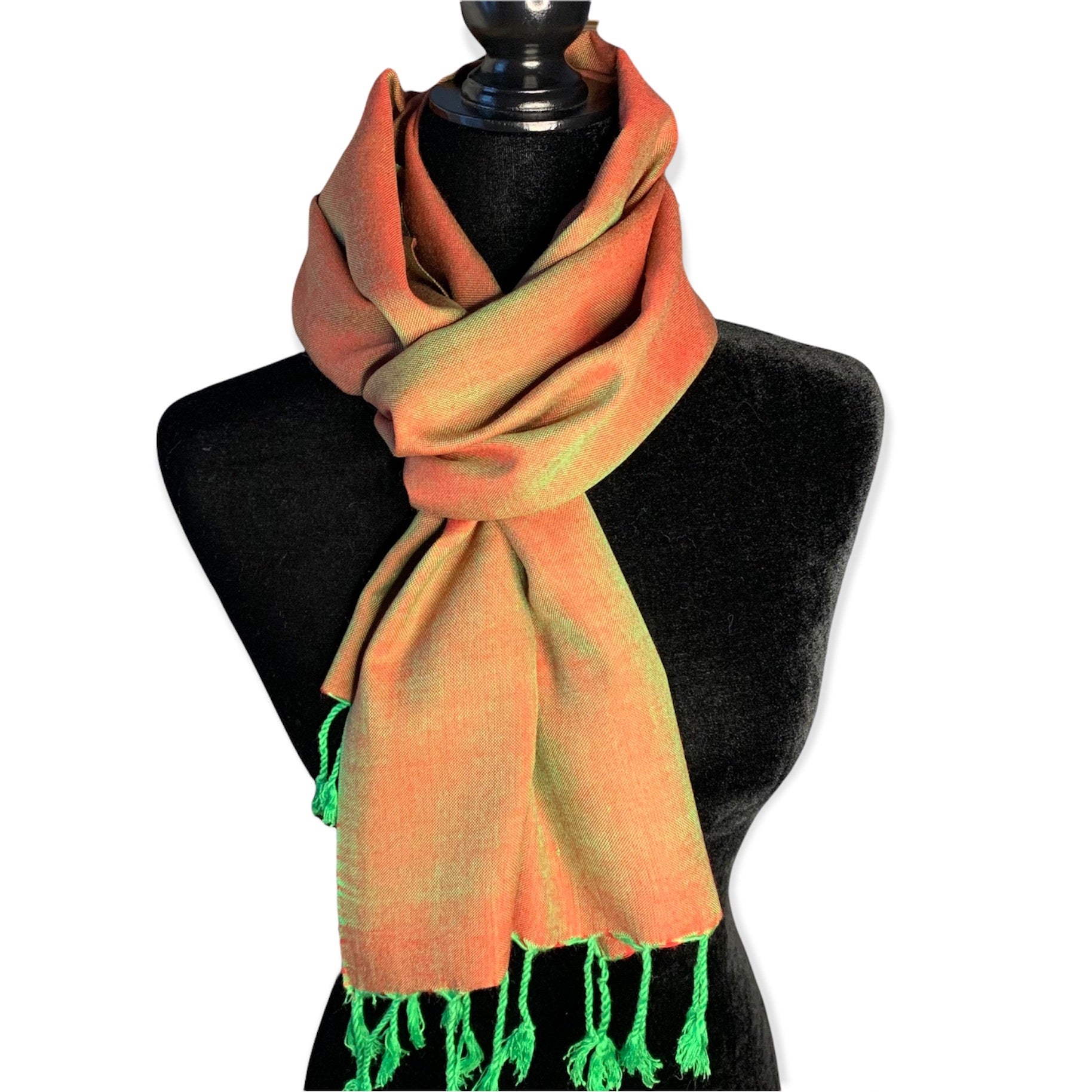 Small Solid Handwoven Scarf - Green & Red