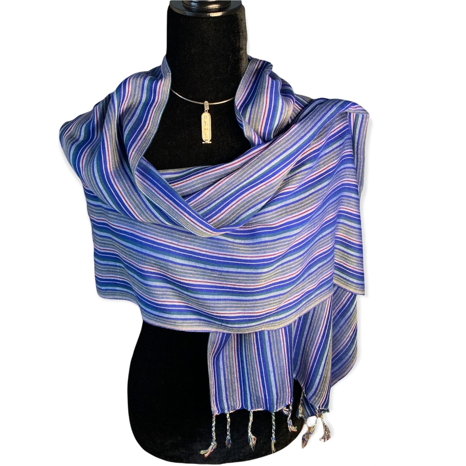 Small Striped Handwoven Scarf - Blue & Burgundy