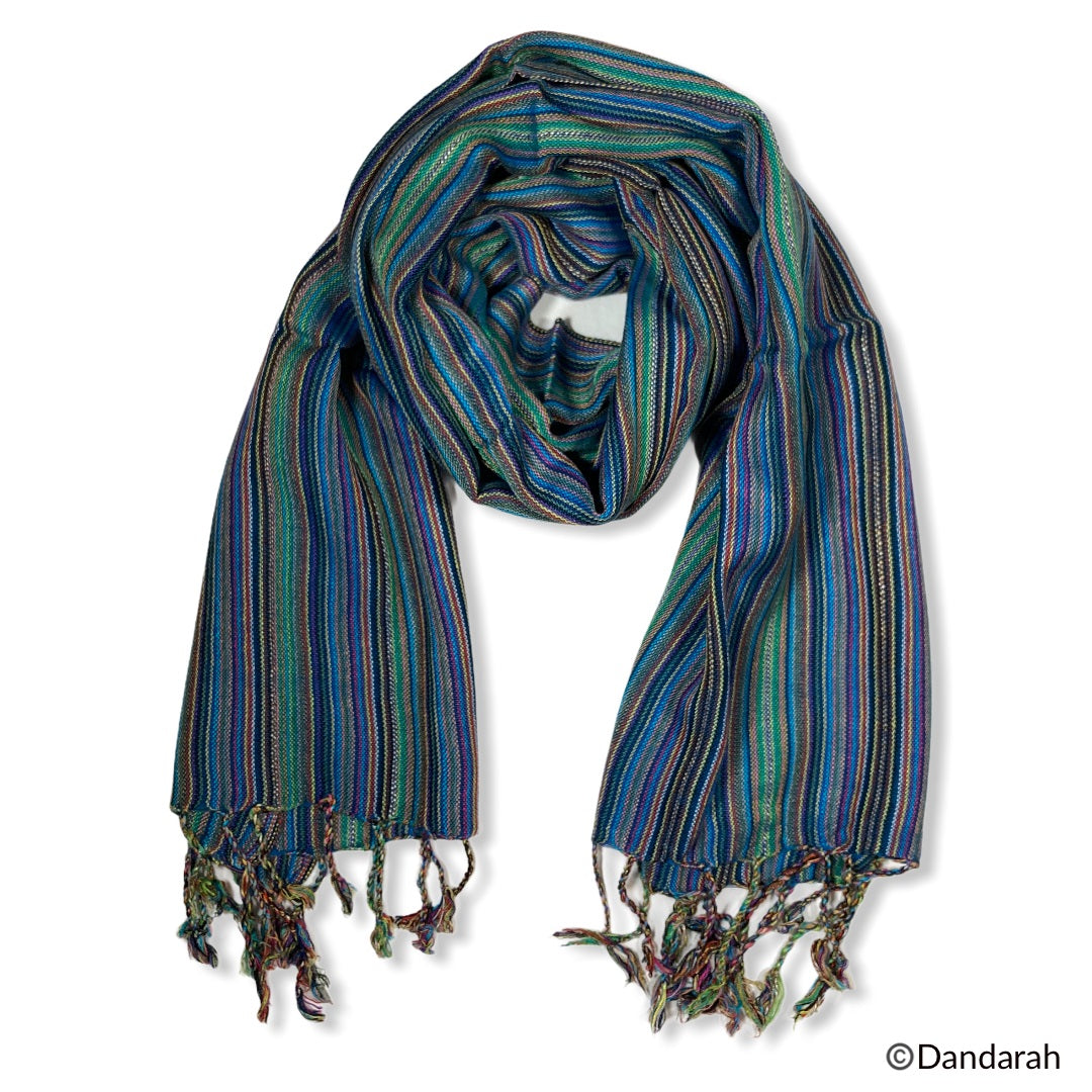 Small Striped Handwoven Scarf - Blue, green & mauve