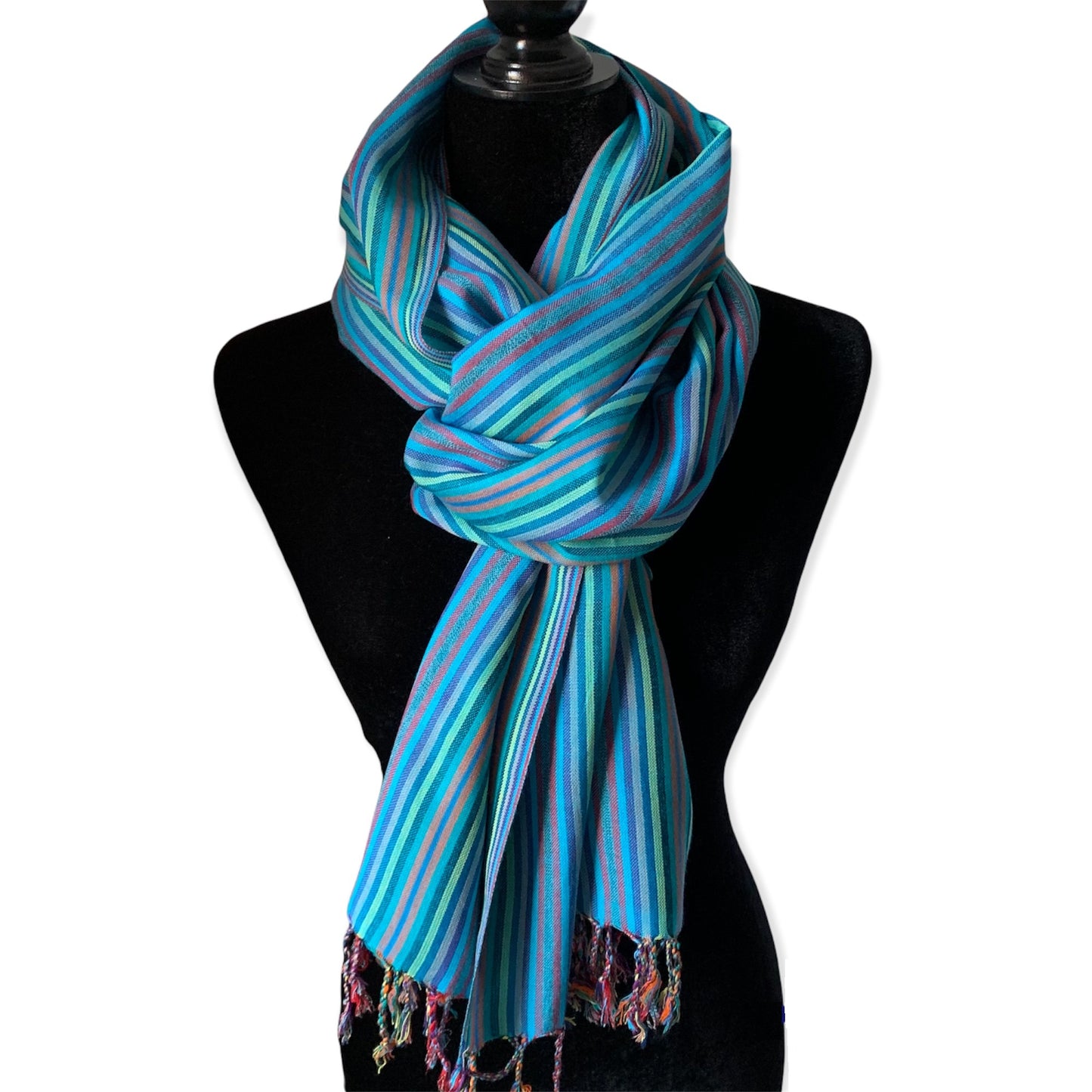 Thin Striped Handwoven Scarf - Shades of Turquoise