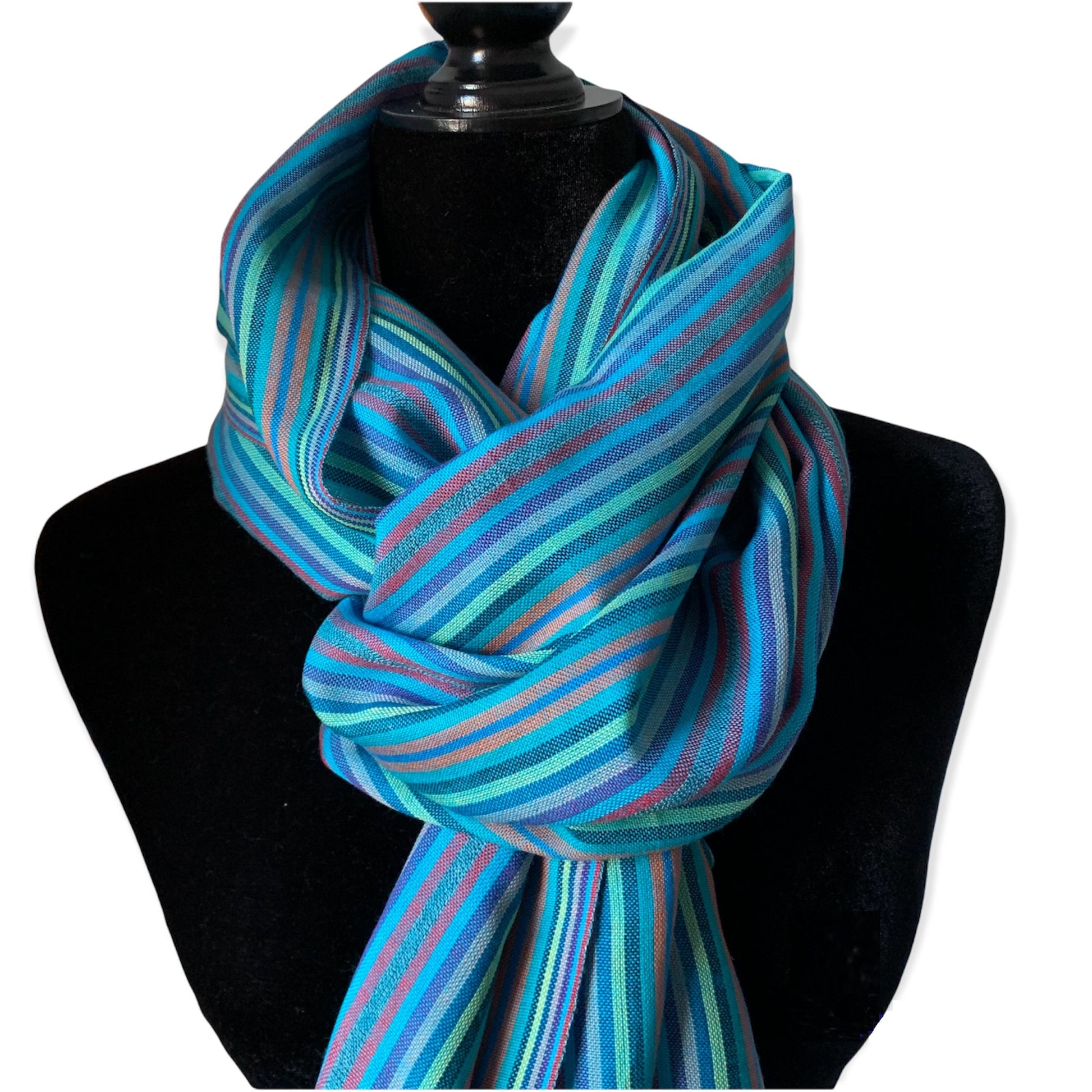 Thin Striped Handwoven Scarf - Shades of Turquoise