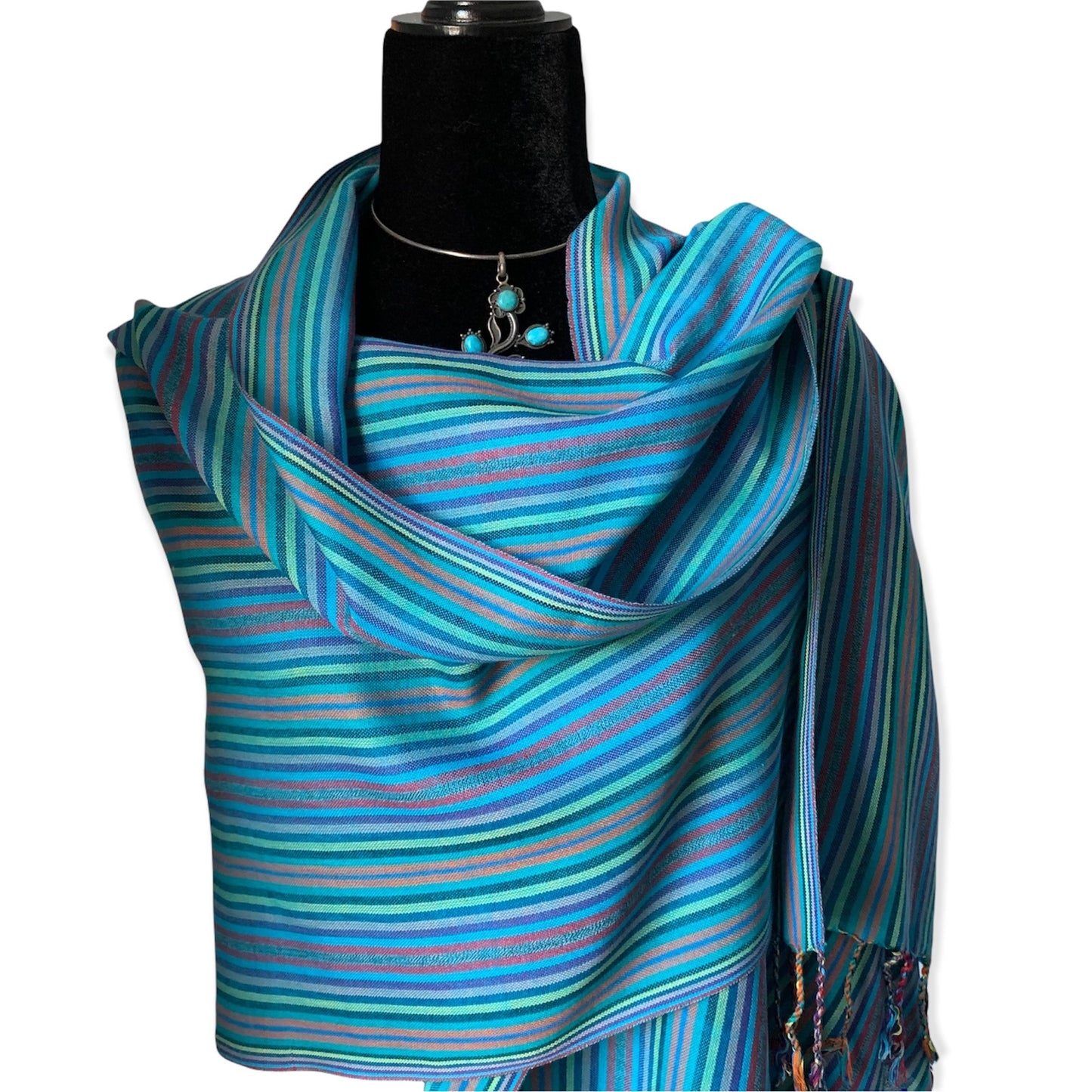 Thin Striped Handwoven Scarf - Shades of Turquoise