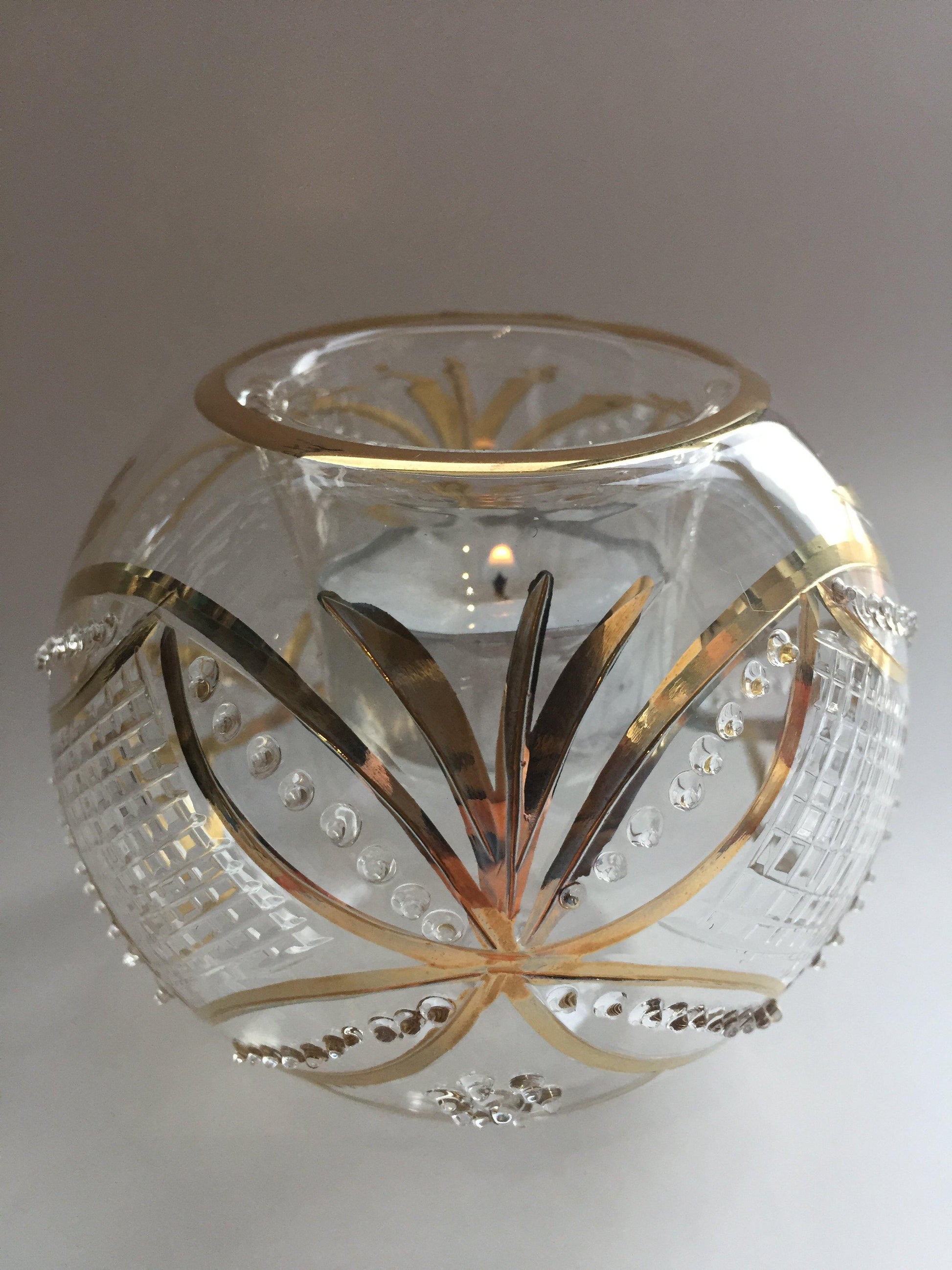 Handmade Blown Glass Candle Holder - Gold Harlequin