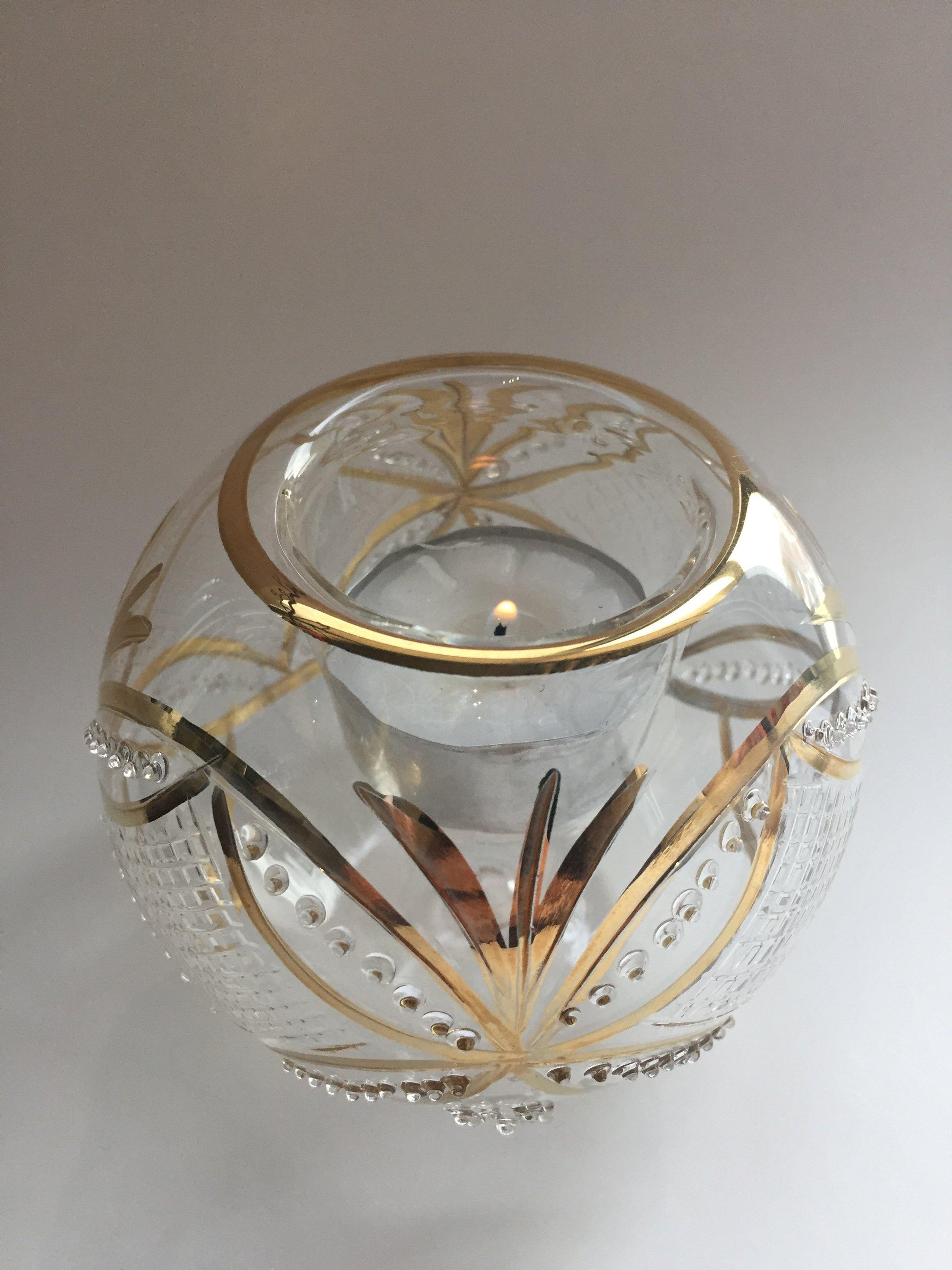 Handmade Blown Glass Candle Holder - Gold Harlequin